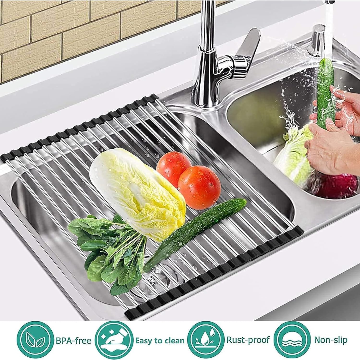 Roll Up Foldable Over The Sink Multipurpose Dish Drying Drainer| Stainless Steel Sink Folding Vegetable Fruit and Dish Drying Drain Rack, Adjustable Rack for Washing Dishes (Standard Size)