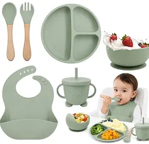 Baby Feeding Set, Complete 6-Piece Baby Led Weaning Set | Baby Feeding Product,Suction Plate, Bowl,Cup, Spoon, Fork and Bib for Baby,Silicon Spoon for Baby Feeding (Green)