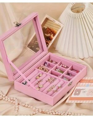 Velvet Glass Jewelry Ring Display Stand Storage Box Ring Earrings Jewelry Box Ring Holder Case (Pink)