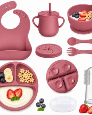 Baby Feeding Set, Complete 6-Piece Baby Led Weaning Set | Baby Feeding Product,Suction Plate, Bowl,Cup, Spoon, Fork and Bib for Baby,Silicon Spoon for Baby Feeding (Pink)